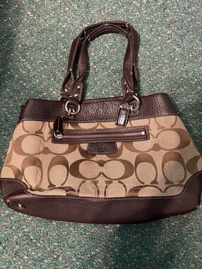 Coach Signature Canvas Penelope Satchel in Brown and Tan Leather Trim